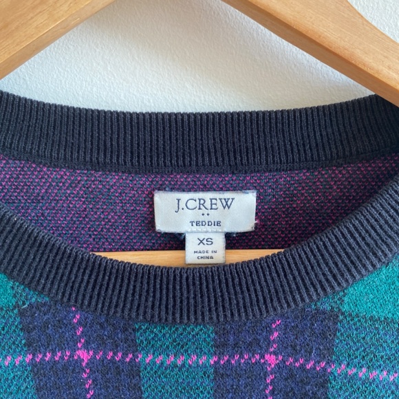 J.Crew Teddie Sweater XS • Cotton Crewneck • Preppy Plaid Green Blue Pink - Picture 2 of 9